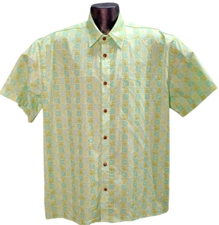 Green Tiki Tapa Hawaiian Shirt -Made in USA- Cotton